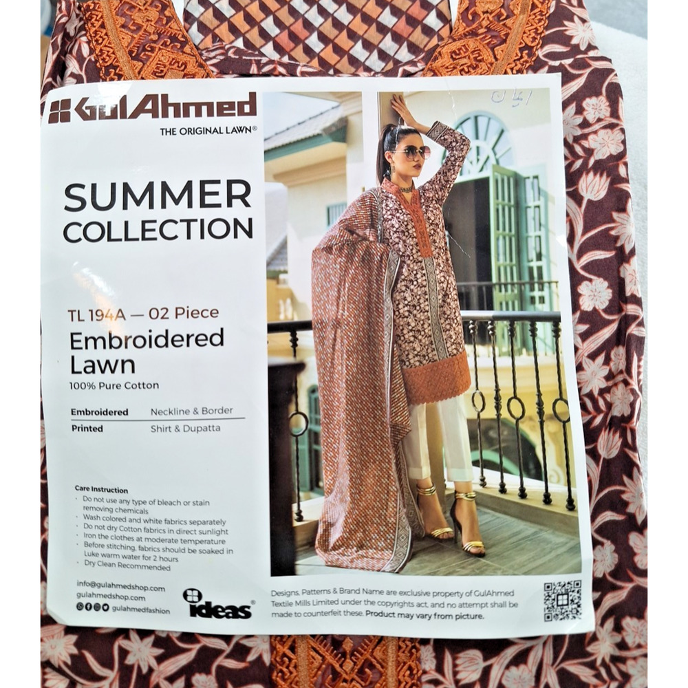Gul Ahmed Summer Collection Embroidered Lawn 3 Piece Size XXL Copper